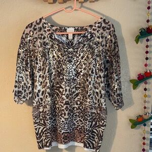 NWOT CHICO’S short sleeve scoop neck animal print with gold dots sheer flowing